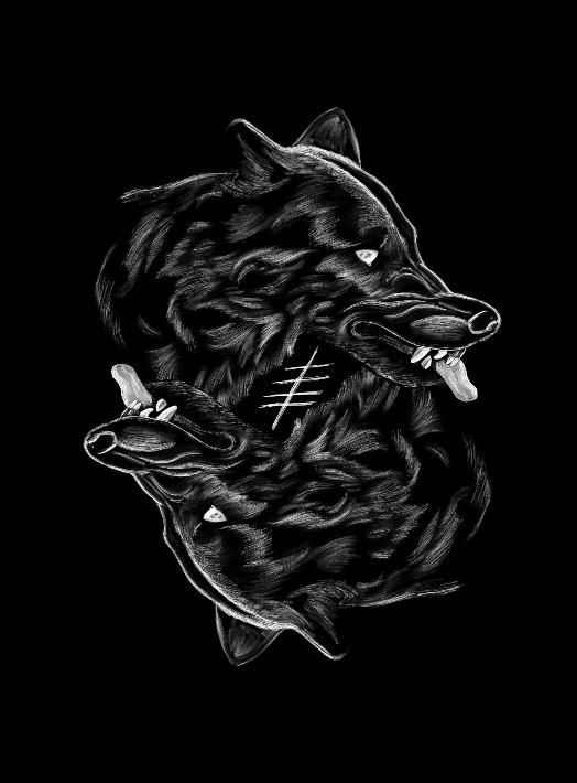 Image of two wolves encircling an Ogham rune.